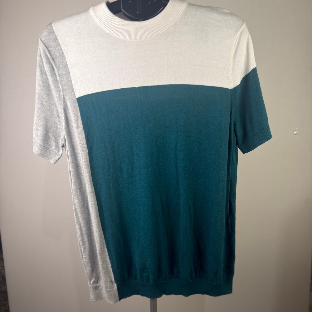 Open Edit Mens Colorblock Knit Short Sleeve Sweater Teal White Grey Large